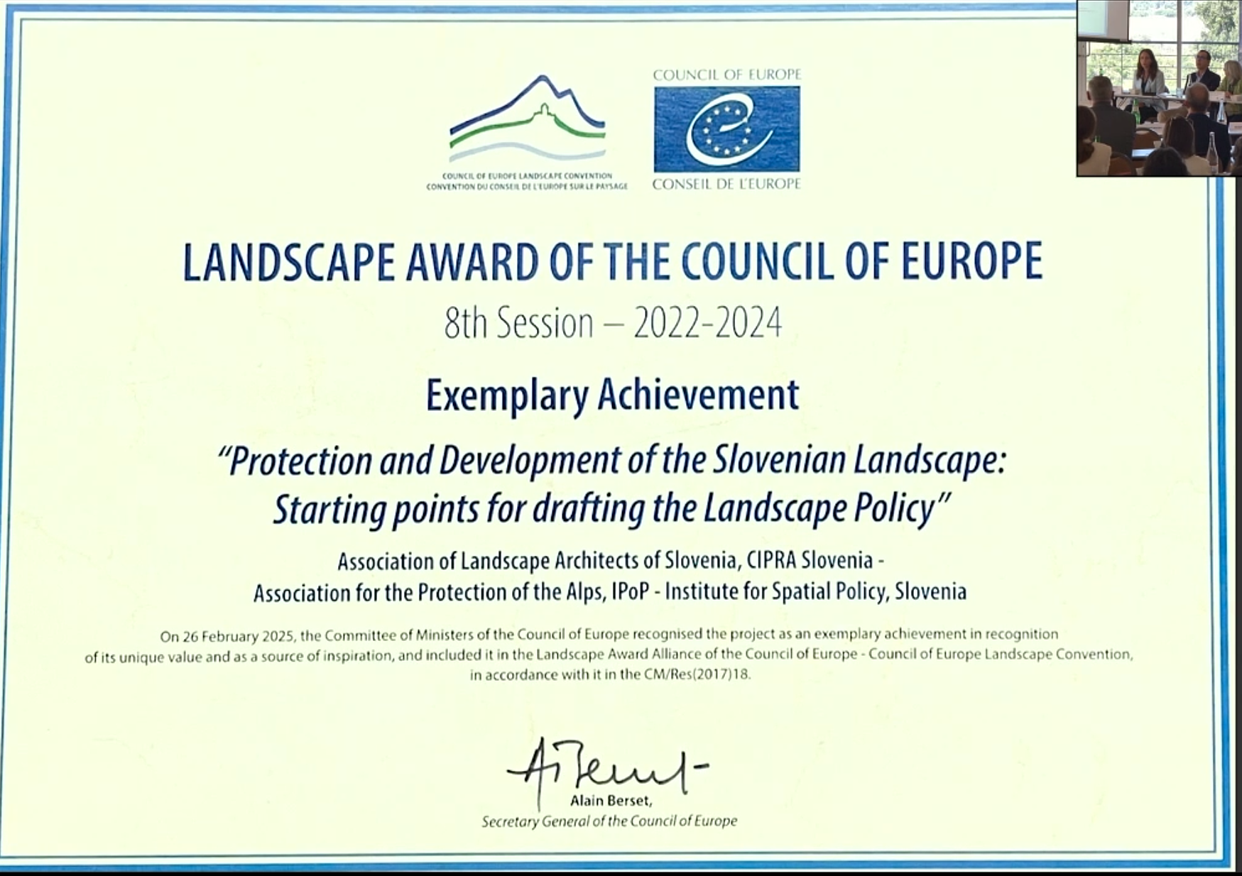 Svet ministrov Sveta Evrope kot zgleden dosežek potrdil projekt Varstvo in razvoj slovenske krajine